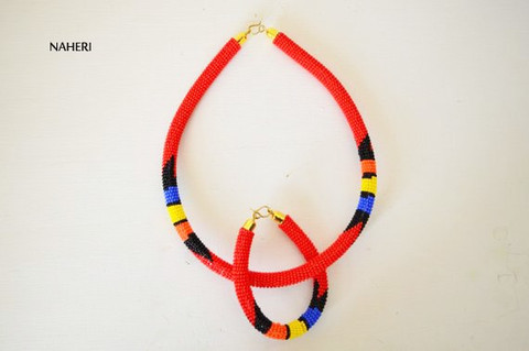 Red beaded African necklace Zulu handmade jewelry