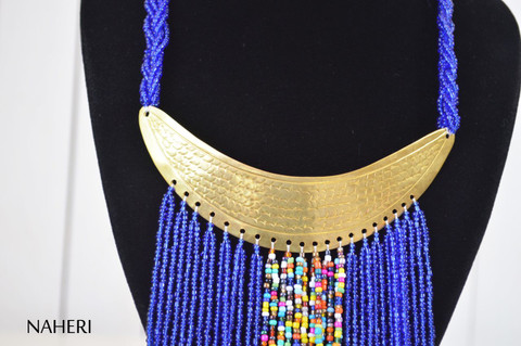 African handmade fringe necklace royal blue color with brass tribal jewelry