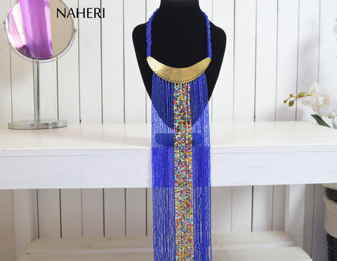 African handmade fringe necklace royal blue color with brass tribal jewelry