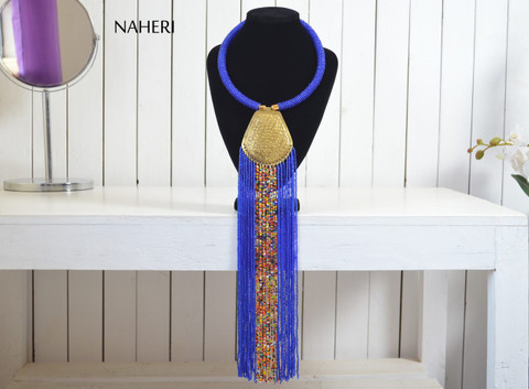 African tribal beaded royal blue fringe necklace with brass jewelry