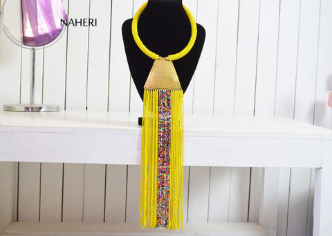 African tribal beaded yellow fringe necklace with brass African jewellery