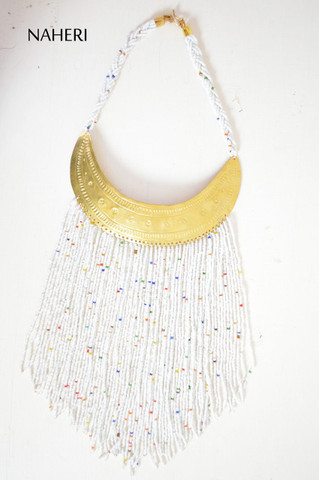 African beaded tribal white fringe necklace with brass African jewelry