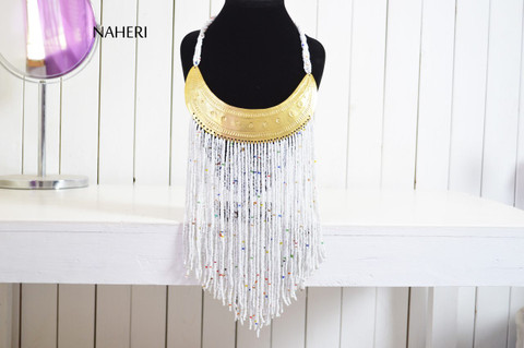 African beaded tribal white fringe necklace with brass African jewelry