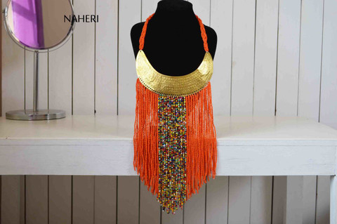 African beaded tribal orange fringe necklace with brass
