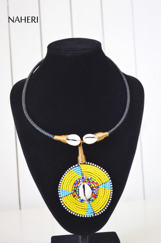 African maasai beaded cowrie shell pendant necklace  tribal jewelry