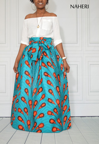 African clothing ankara maxi skirt peacock feather print turquoise