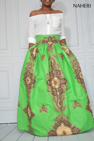 EKUA African Print Ankara Midi A Line Skirt, (Green/Yellow) - Naborhi