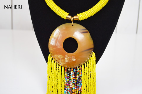 African necklace beaded yellow fringe necklace with horn