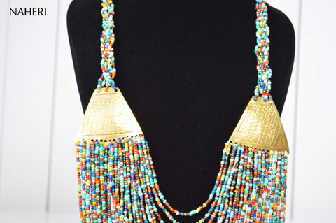 African maasai beaded necklace mixed beads with brass 