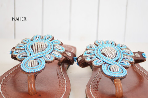 Maasai beaded African sandals handmade leather slip ons - LIZA 