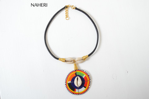 African beaded maasai cowrie shell pendant necklace  tribal jewelry