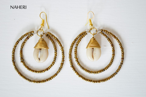 African beaded earrings with cowrie shell tribal jewelry