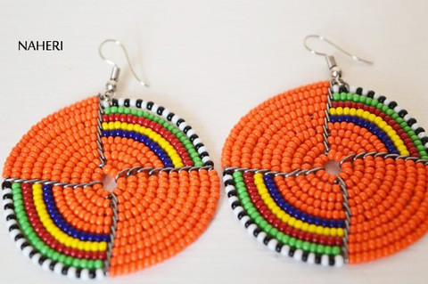 Orange maasai beaded earrings round African jewelry naheri