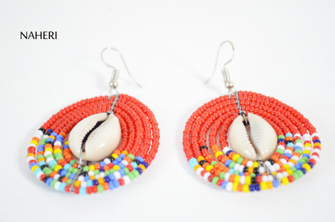 naheri African jewelry beaded round earrings red with cowrie shell