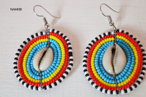 African beaded jewelry round earrings with cowrie shell