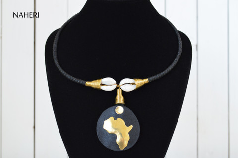  African map pendant necklace brass and cowrie jewelry 