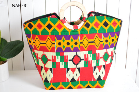 African print fabric wooden handles handbag kente
