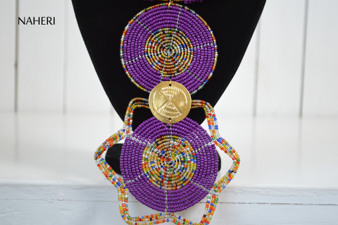 African beaded tribal pendant necklace purple jewelry naheri