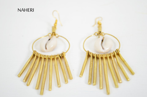 African brass earrings cowrie shell tribal naheri jewelry