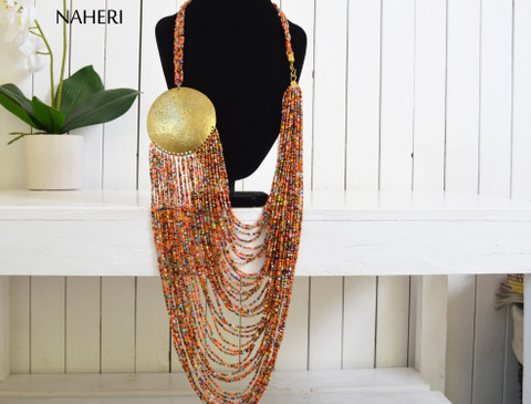 African inspired beaded loop necklace with brass disc naheri