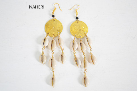 African cowrie shell chandelier earrings with brass tribal jewelry naheri