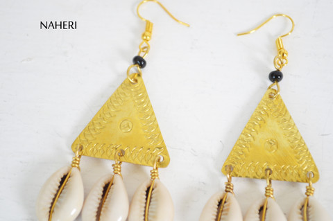 African cowrie shell chandelier earrings with triangle brass naheri