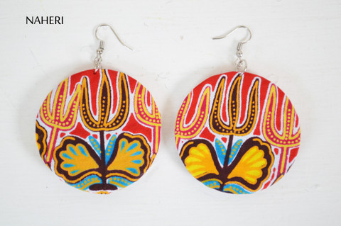 African print red dashiki fabric earrings round naheri jewelry