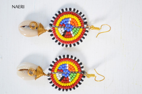 African beaded cowrie shell earrings tribal handmade jewelry naheri