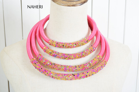 African beaded layered jewelry set hot pink | NAHERI