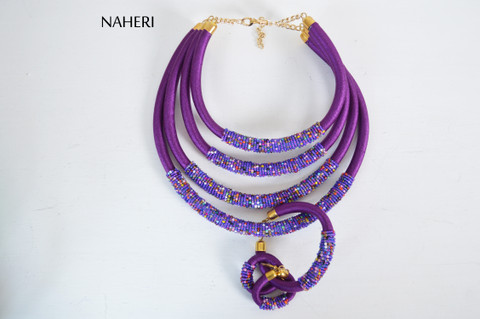 African beaded layered jewelry set royal purple naheri