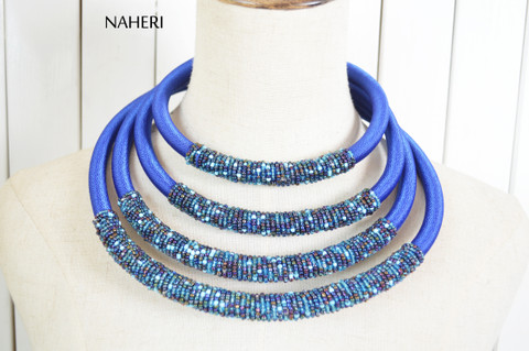 African beaded layered jewelry set royal blue naheri