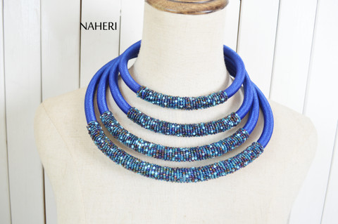 African beaded layered jewelry set royal blue naheri