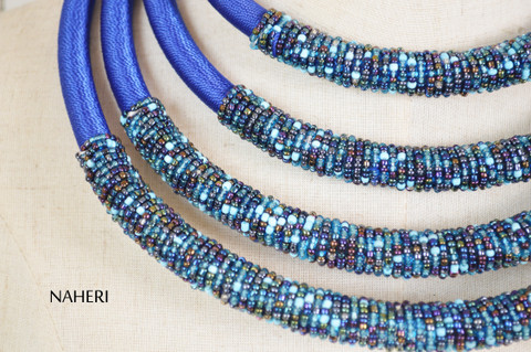 African beaded layered jewelry set royal blue naheri