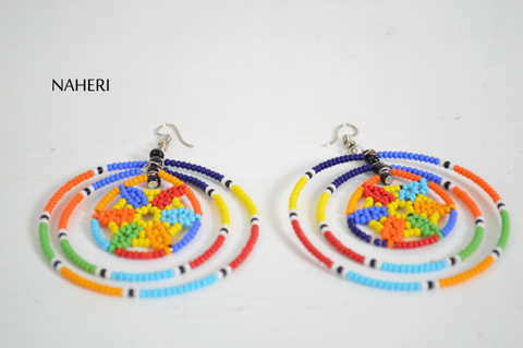 African round earrings beaded colorful tribal jewelry naheri