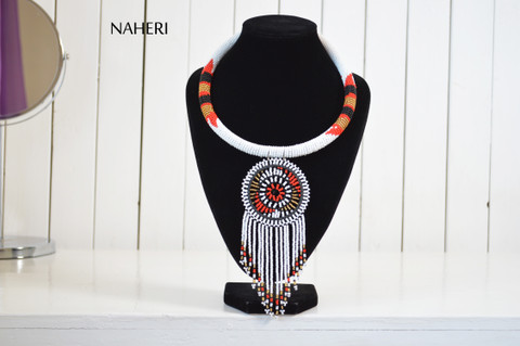 Beaded African necklace handmade pendant white naheri 