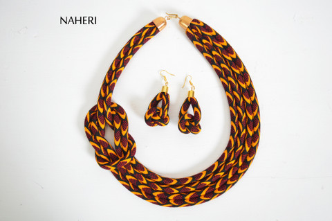 African rope necklace tribal print handmade fabric jewelry naheri
