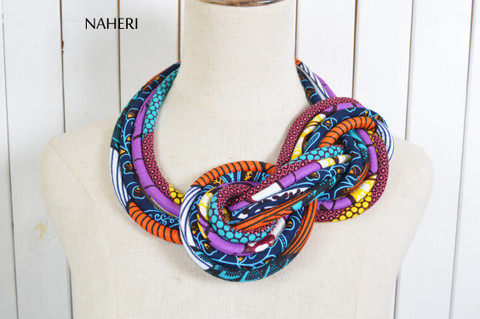 African print rope necklace tribal handmade fabric knot jewelry naheri