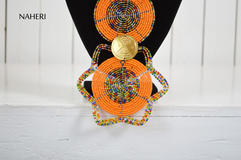 African beaded tribal pendant necklace orange jewelry naheri