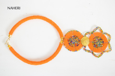 African beaded tribal pendant necklace orange jewelry naheri