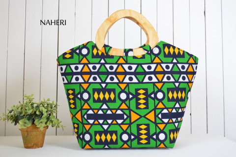 African tribal print handbag D handles green bag naheri