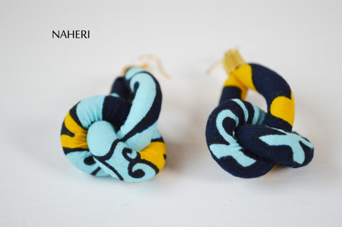 African print rope earrings blue fabric knot jewelry naheri