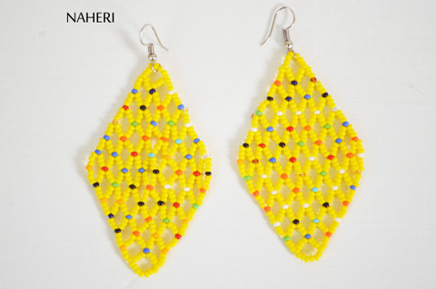 African beaded mesh earrings yellow jewelry naheri