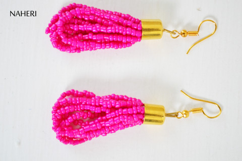 African beaded earrings hot pink handmade jewelry naheri