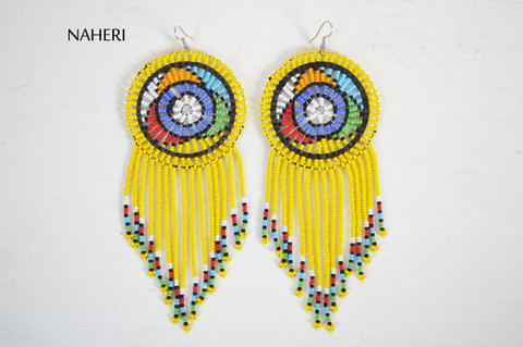 African beaded fringe earrings yellow jewelry naheri