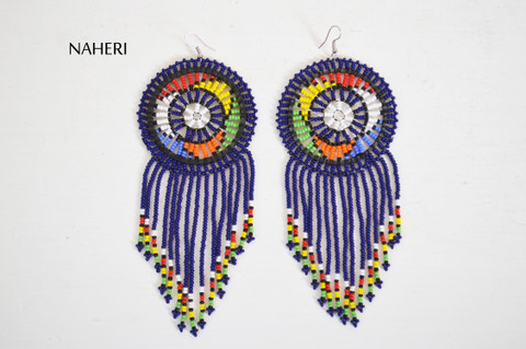 African fashion beaded fringe earrings navy blue jewelry naheri