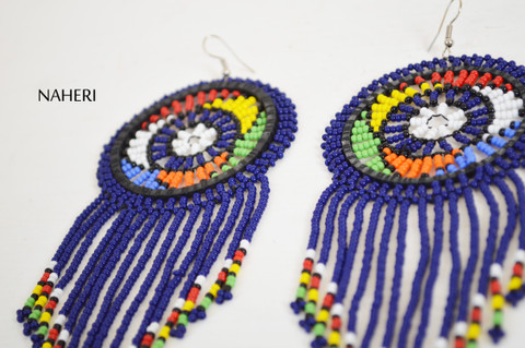 African fashion beaded fringe earrings navy blue jewelry naheri