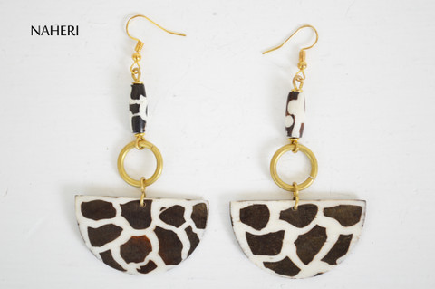 African brass and bone earrings giraffe print jewelry naheri