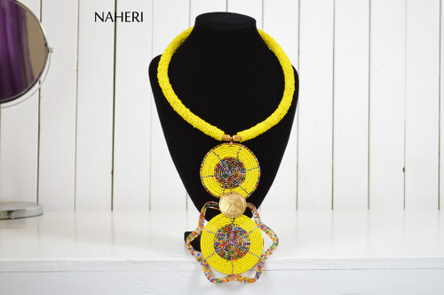 African beaded tribal pendant necklace yellow jewelry naheri
