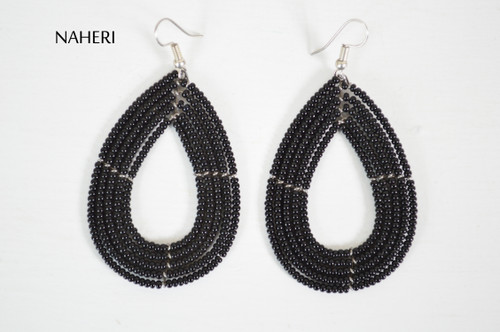 African beaded hoop earrings solid black jewelry naheri