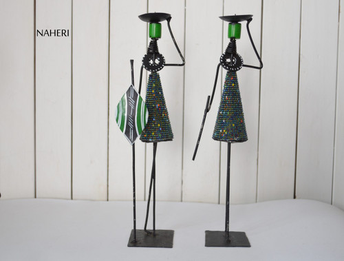 Beads and metal African candle holders green